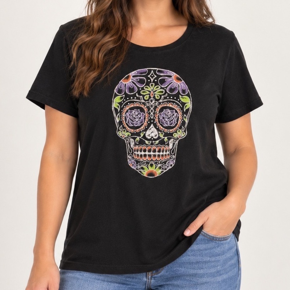 Sugar Skull Halloween Tee 2X Floral Calavera Day of the Dead Goth Spooky Shirt